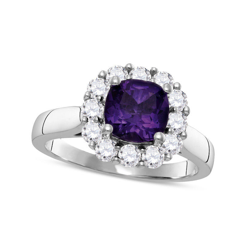 Image of ID 1 70mm Cushion-Cut Amethyst and 063 CT TW Natural Diamond Frame Ring in Solid 10K White Gold