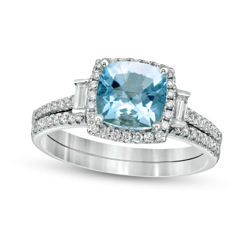Image of ID 1 70mm Cushion-Cut Aquamarine and 033 CT TW Natural Diamond Frame Three Stone Bridal Engagement Ring Set in Solid 14K White Gold