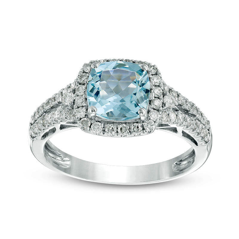 Image of ID 1 70mm Cushion-Cut Aquamarine and 038 CT TW Natural Diamond Frame Engagement Ring in Solid 14K White Gold