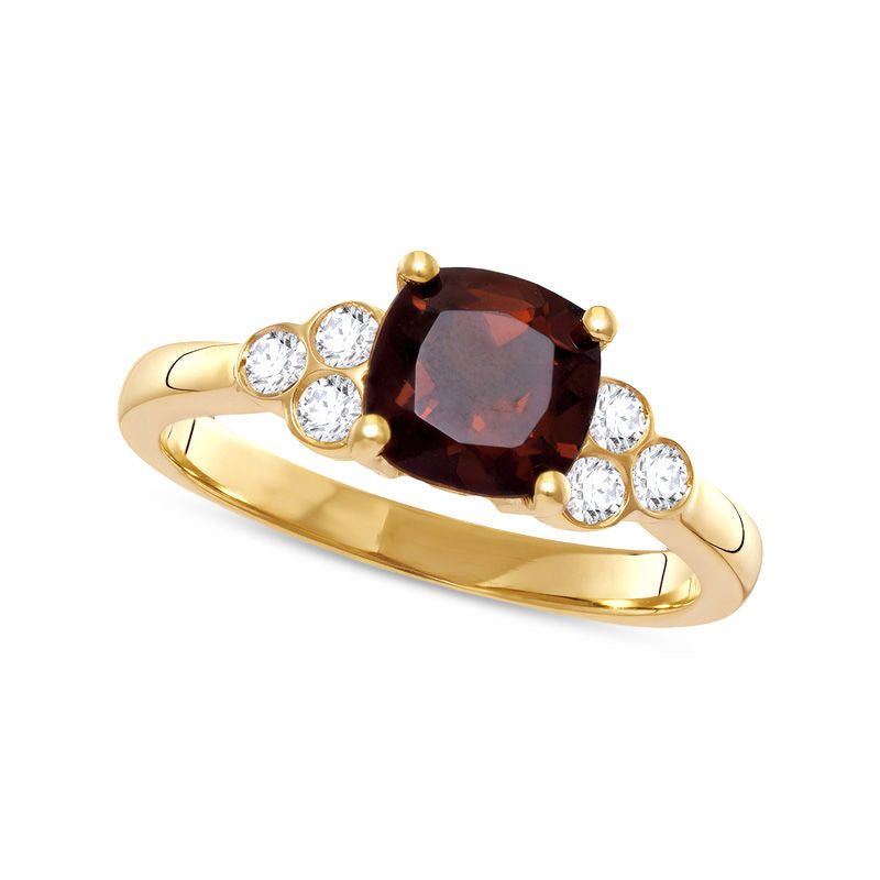 Image of ID 1 70mm Cushion-Cut Garnet and 020 CT TW Natural Diamond Tri-Sides Ring in Solid 10K Yellow Gold