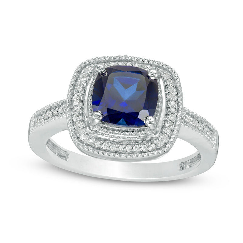 Image of ID 1 70mm Cushion-Cut Lab-Created Blue Sapphire and 010 CT TW Diamond Frame Engagement Ring in Solid 10K White Gold