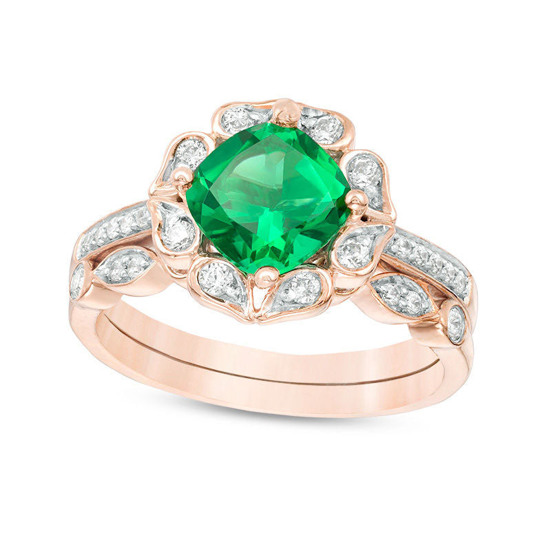 Image of ID 1 70mm Cushion-Cut Lab-Created Emerald and 033 CT TW Diamond Flower Frame Bridal Engagement Ring Set in Solid 10K Rose Gold