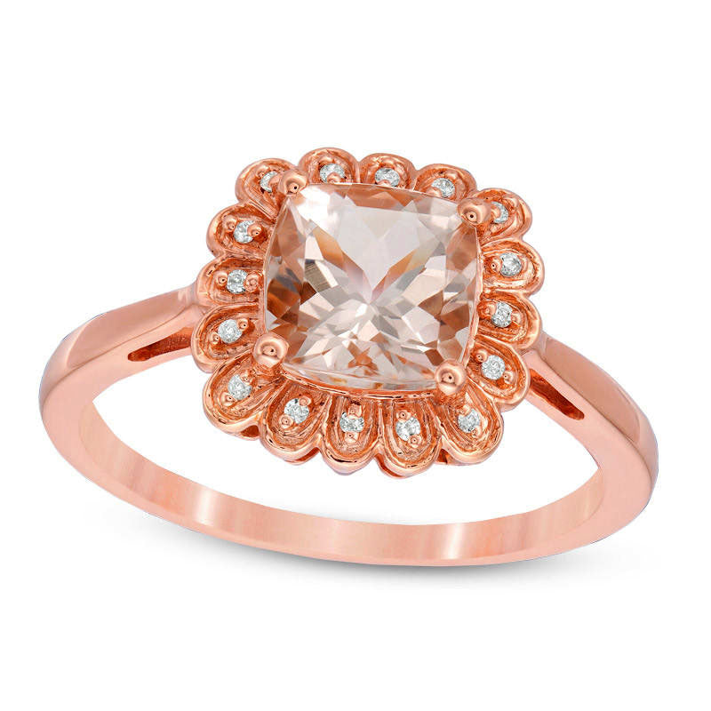 Image of ID 1 70mm Cushion-Cut Morganite and 005 CT TW Natural Diamond Flower Frame Ring in Solid 10K Rose Gold