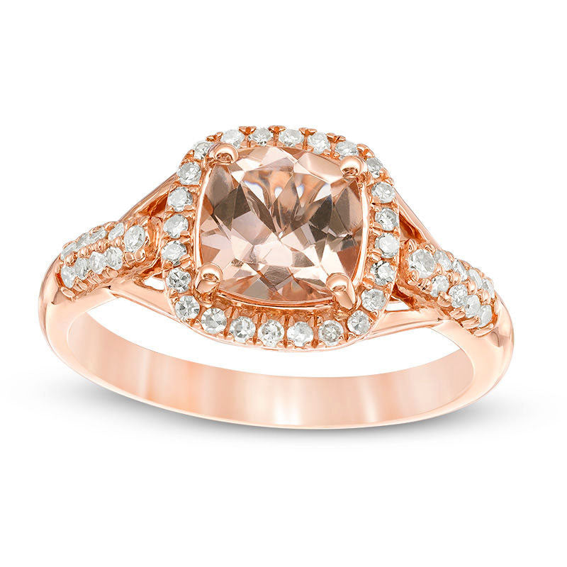 Image of ID 1 70mm Cushion-Cut Morganite and 025 CT TW Natural Diamond Frame Ring in Solid 10K Rose Gold