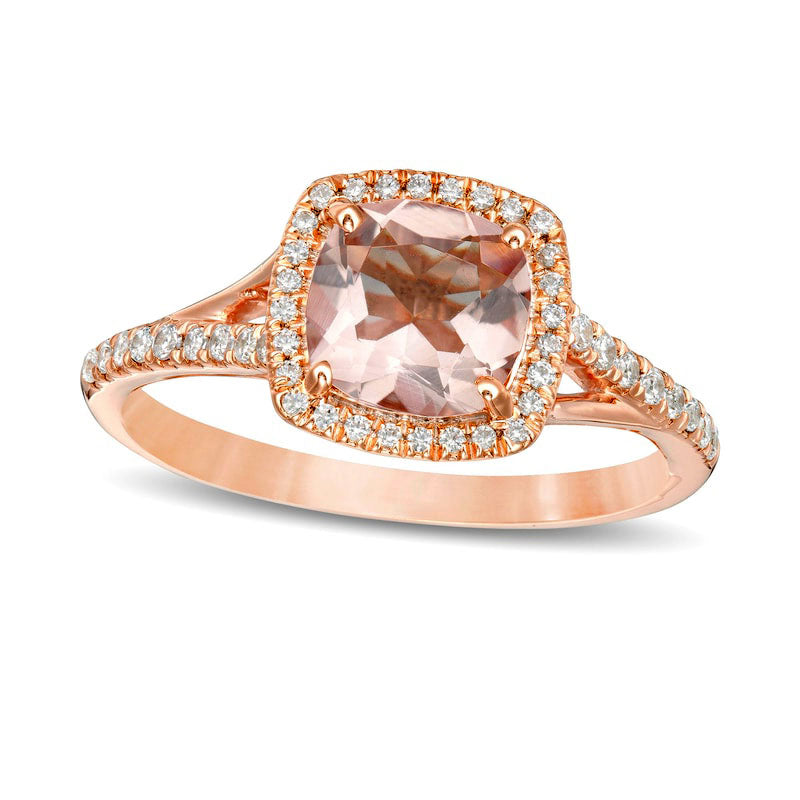 Image of ID 1 70mm Cushion-Cut Morganite and 025 CT TW Natural Diamond Frame Split Shank Ring in Solid 10K Rose Gold