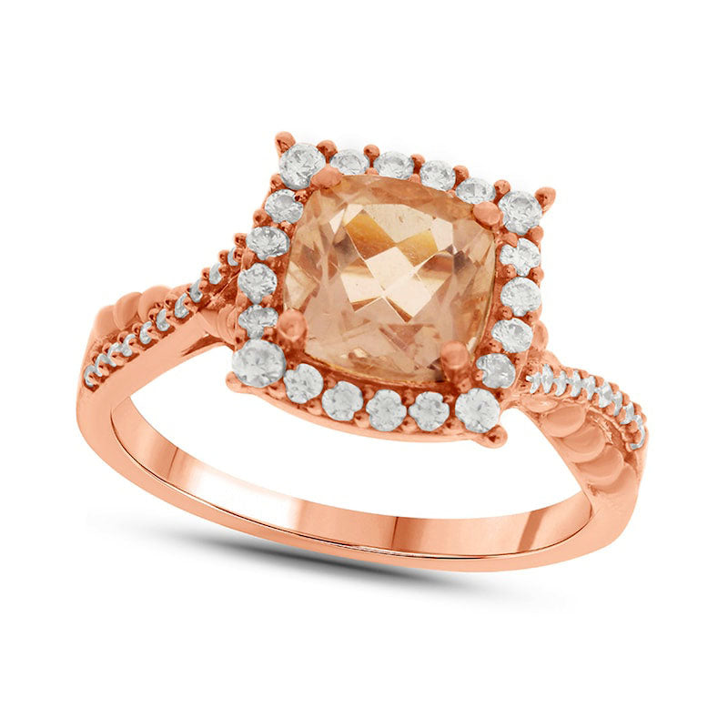 Image of ID 1 70mm Cushion-Cut Morganite and 033 CT TW Natural Diamond Frame Twist Shank Engagement Ring in Solid 10K Rose Gold