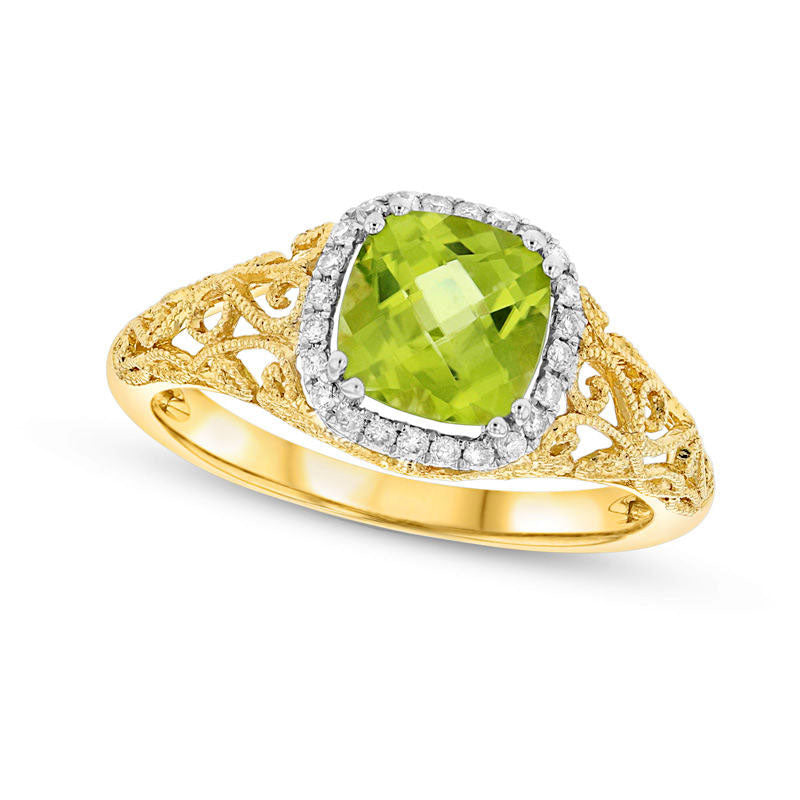 Image of ID 1 70mm Cushion-Cut Peridot and 013 CT TW Natural Diamond Antique Vintage-Style Scroll Ring in Solid 14K Gold