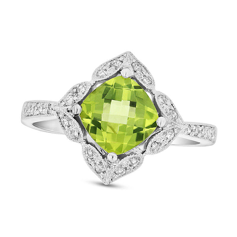 Image of ID 1 70mm Cushion-Cut Peridot and 020 CT TW Natural Diamond Ornate Frame Antique Vintage-Style Engagement Ring in Solid 14K White Gold
