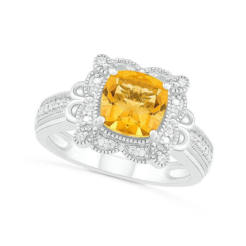 Image of ID 1 70mm Cushion-Shaped Citrine and 007 CT TW Natural Diamond Scallop Frame Loop Collar Antique Vintage-Style Ring in Solid 10K White Gold