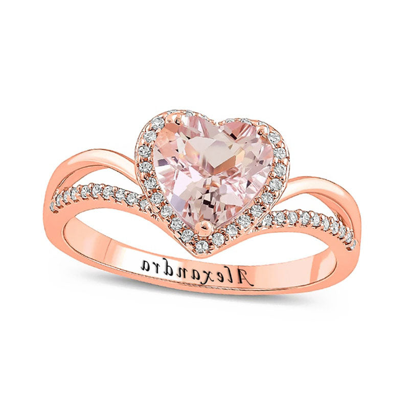 Image of ID 1 70mm Heart-Shaped Morganite and 017 CT TW Natural Diamond Frame Split Shank Engravable Ring in Solid 10K Rose Gold (1 Line)