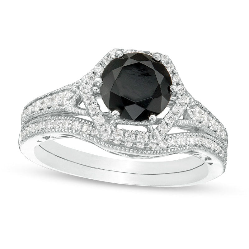 Image of ID 1 70mm Lab-Created Black Sapphire and 038 CT TW Diamond Hexagonal Frame Antique Vintage-Style Bridal Engagement Ring Set in Solid 10K White Gold