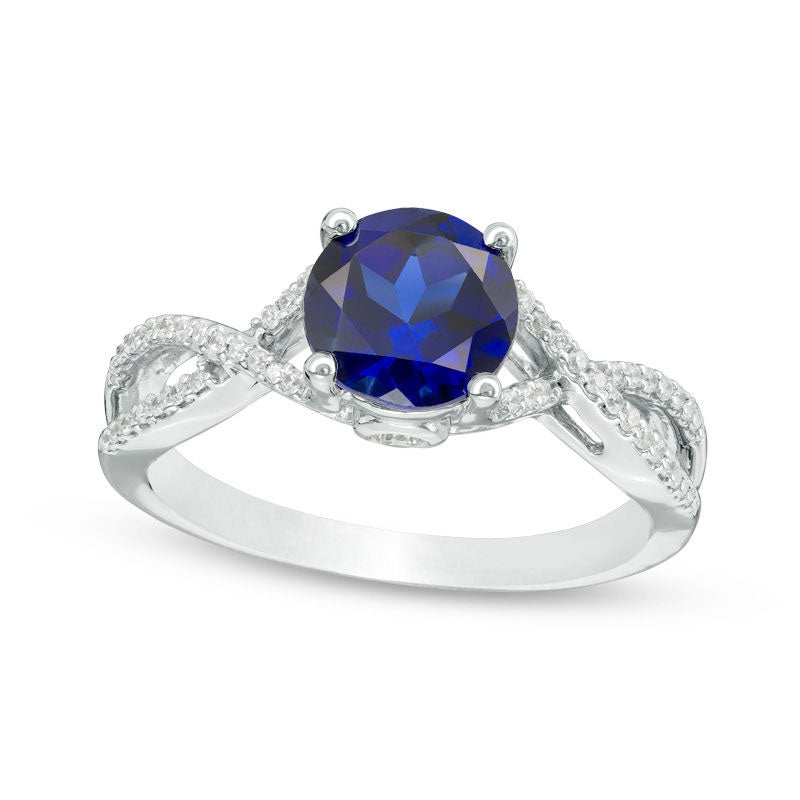 Image of ID 1 70mm Lab-Created Blue Sapphire and 017 CT TW Diamond Twist Shank Engagement Ring in Solid 10K White Gold