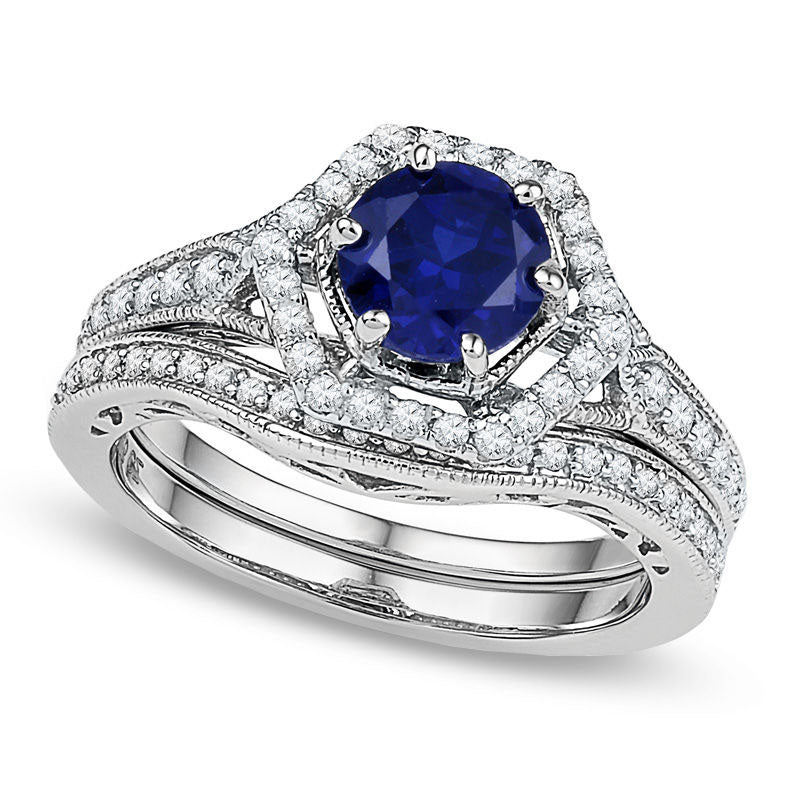 Image of ID 1 70mm Lab-Created Blue Sapphire and 038 CT TW Diamond Bridal Engagement Ring Set in Solid 10K White Gold