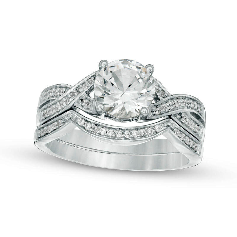 Image of ID 1 70mm Lab-Created White Sapphire and 017 CT TW Diamond Twist Bridal Engagement Ring Set in Solid 10K White Gold