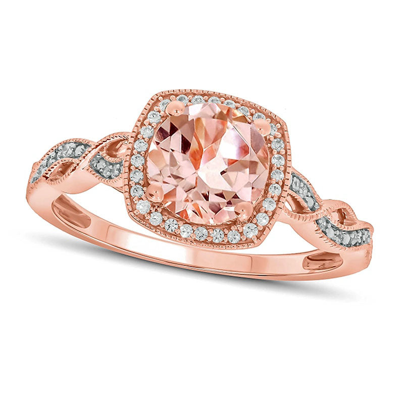 Image of ID 1 70mm Morganite and 010 CT TW Natural Diamond Cushion Frame Twist Shank Antique Vintage-Style Ring in Solid 10K Rose Gold