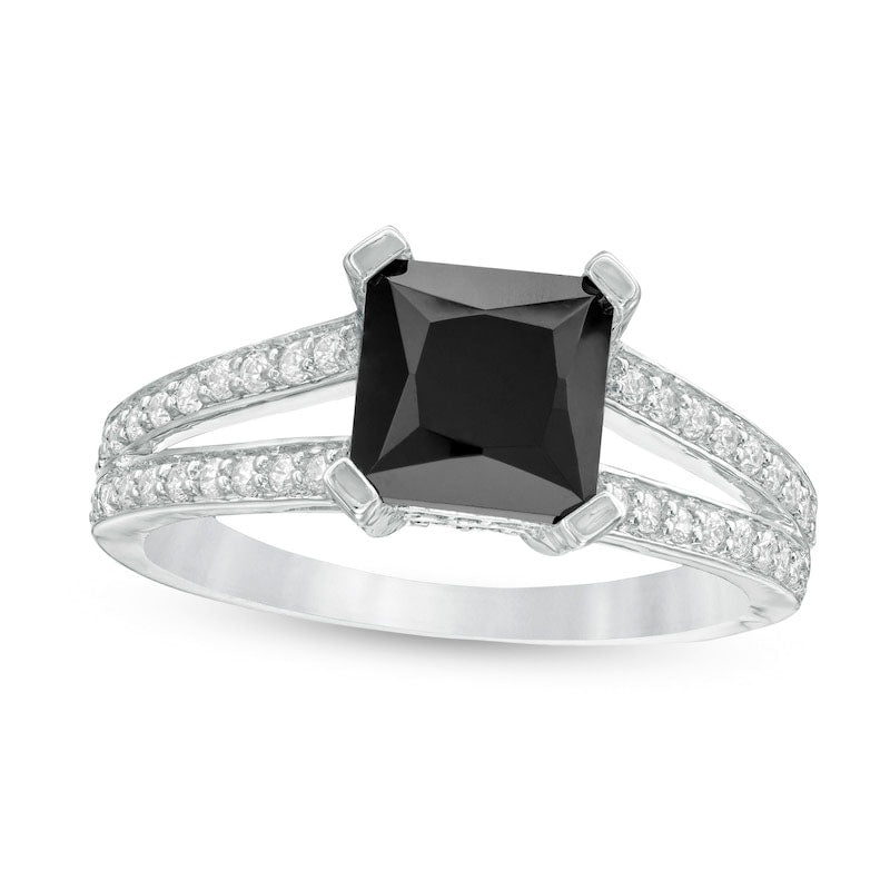 Image of ID 1 72mm Princess-Cut Lab-Created Black Sapphire and 025 CT TW Diamond Split Shank Ring in Solid 10K White Gold
