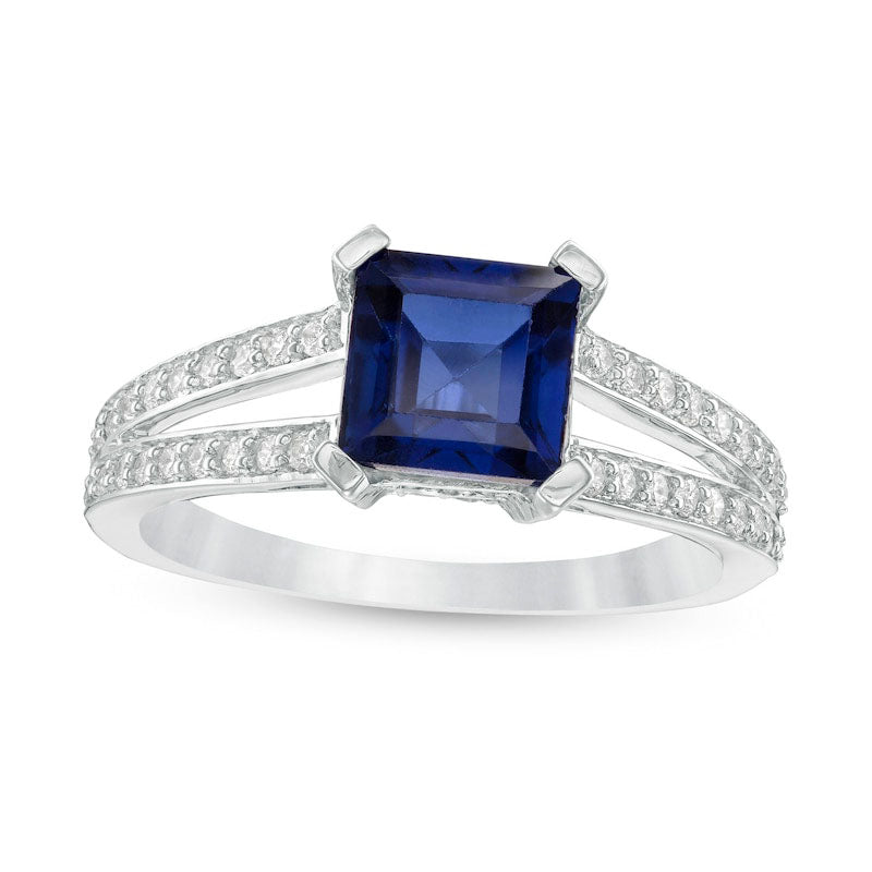 Image of ID 1 72mm Princess-Cut Lab-Created Blue Sapphire and 025 CT TW Diamond Split Shank Ring in Solid 10K White Gold