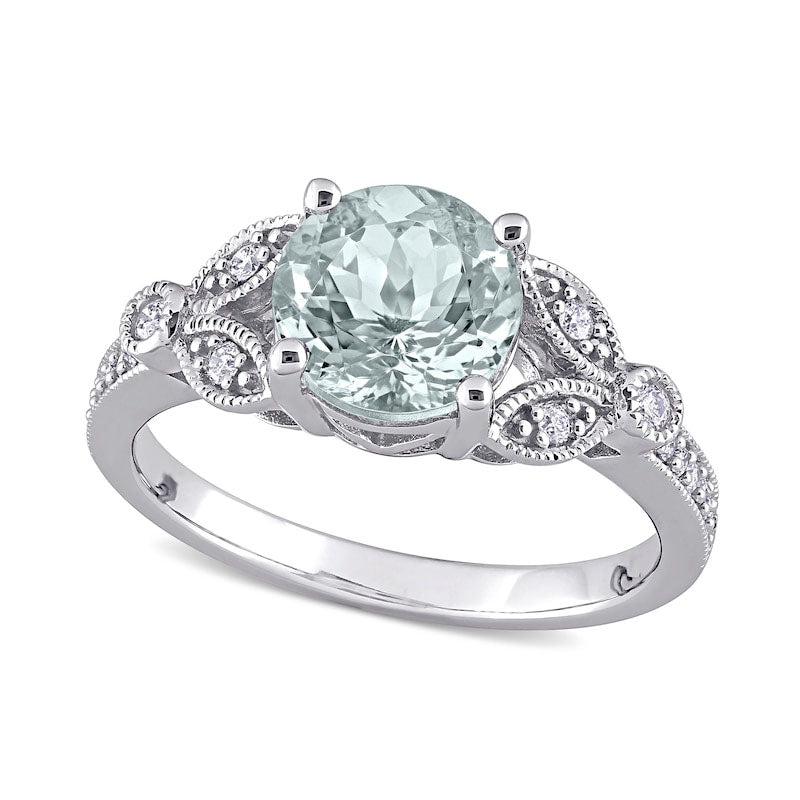 Image of ID 1 80mm Aquamarine and 013 CT TW Natural Diamond Leaf-Sides Antique Vintage-Style Ring in Solid 14K White Gold