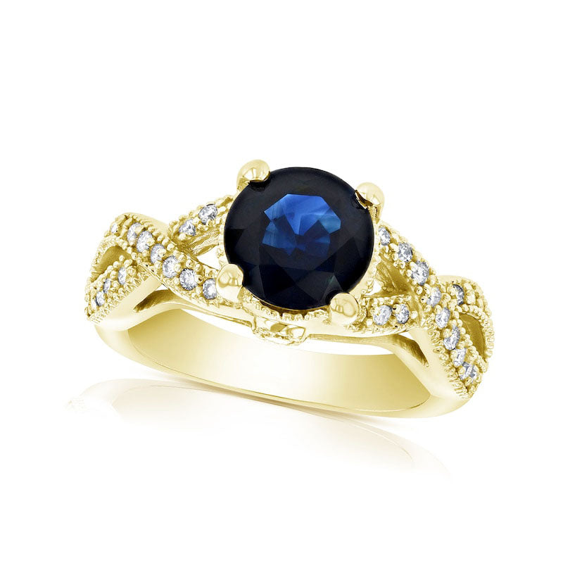 Image of ID 1 80mm Blue Sapphire and 038 CT TW Natural Diamond Twist Shank Antique Vintage-Style Engagement Ring in Solid 14K Gold