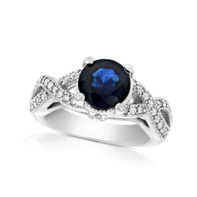 Image of ID 1 80mm Blue Sapphire and 038 CT TW Natural Diamond Twist Shank Antique Vintage-Style Engagement Ring in Solid 14K White Gold