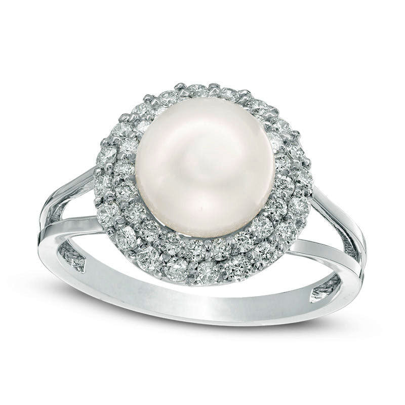 Image of ID 1 80mm Cultured Freshwater Pearl and 050 CT TW Natural Diamond Double Frame Ring in Solid 10K White Gold