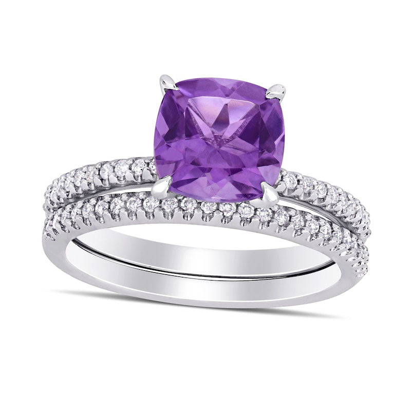 Image of ID 1 80mm Cushion-Cut Amethyst and 025 CT TW Natural Diamond Bridal Engagement Ring Set in Solid 14K White Gold