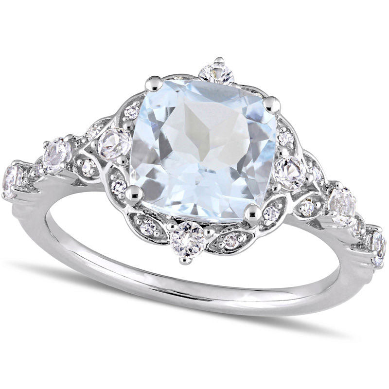 Image of ID 1 80mm Cushion-Cut Aquamarine White Sapphire and 005 CT TW Natural Diamond Frame Antique Vintage-Style Ring in Solid 14K White Gold