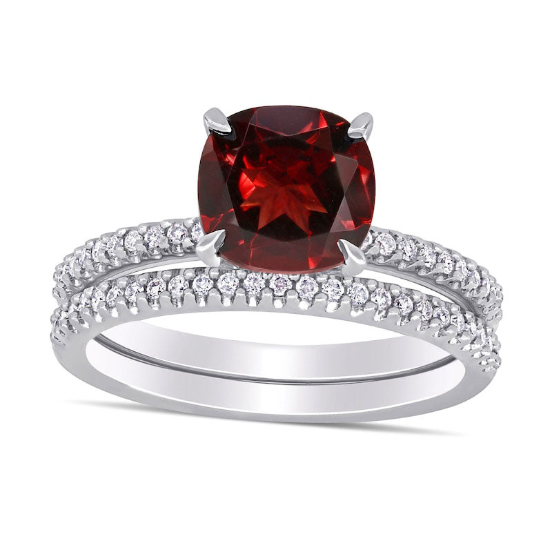 Image of ID 1 80mm Cushion-Cut Garnet and 025 CT TW Natural Diamond Bridal Engagement Ring Set in Solid 14K White Gold