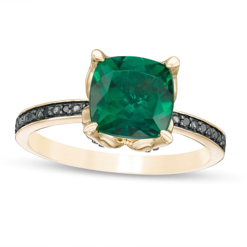 Image of ID 1 80mm Cushion-Cut Lab-Created Emerald and 005 CT TW Enhanced Black Diamond Flower Engagement Ring in Solid 10K Yellow Gold