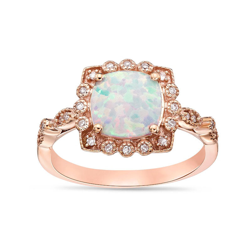 Image of ID 1 80mm Cushion-Cut Lab-Created Opal and 010 CT TW Diamond Ornate Frame Antique Vintage-Style Ring in Solid 10K Rose Gold