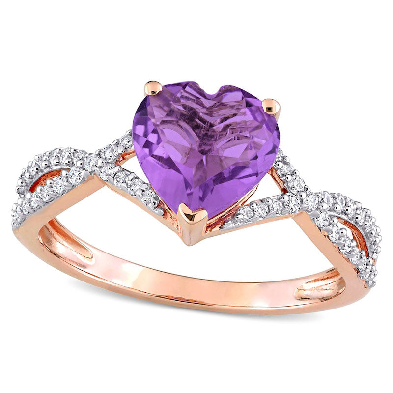 Image of ID 1 80mm Heart-Shaped Amethyst and 020 CT TW Natural Diamond Twist Split Shank Ring in Solid 14K Rose Gold
