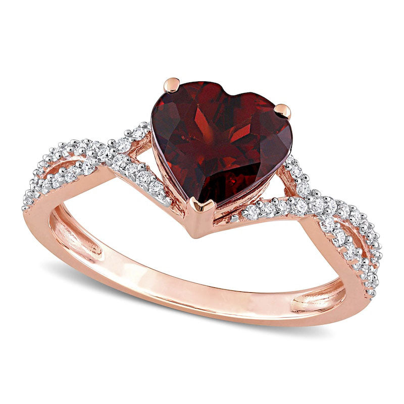 Image of ID 1 80mm Heart-Shaped Garnet and 020 CT TW Natural Diamond Twist Split Shank Ring in Solid 14K Rose Gold
