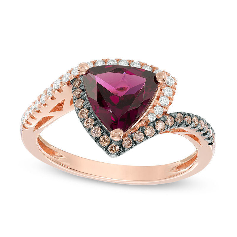Image of ID 1 80mm Trillion-Cut Rhodolite and 025 CT TW Champagne and White Natural Diamond Frame Bypass Ring in Solid 10K Rose Gold