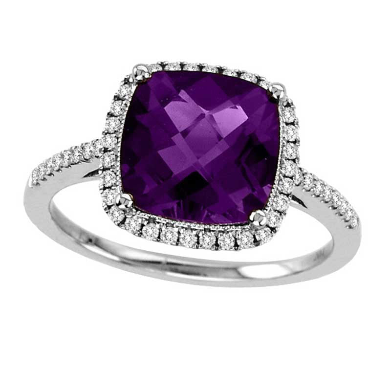 Image of ID 1 90mm Cushion-Cut Amethyst and 025 CT TW Natural Diamond Ring in Solid 14K White Gold