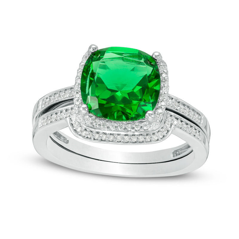 Image of ID 1 90mm Cushion-Cut Lab-Created Emerald and 020 CT TW Diamond Frame Bridal Engagement Ring Set in Solid 10K White Gold