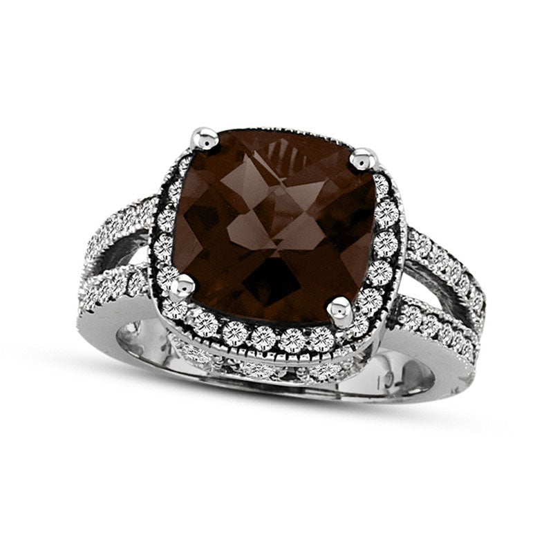 Image of ID 1 90mm Cushion-Cut Smoky Quartz and 050 CT TW Natural Diamond Frame Split Shank Ring in Solid 14K White Gold