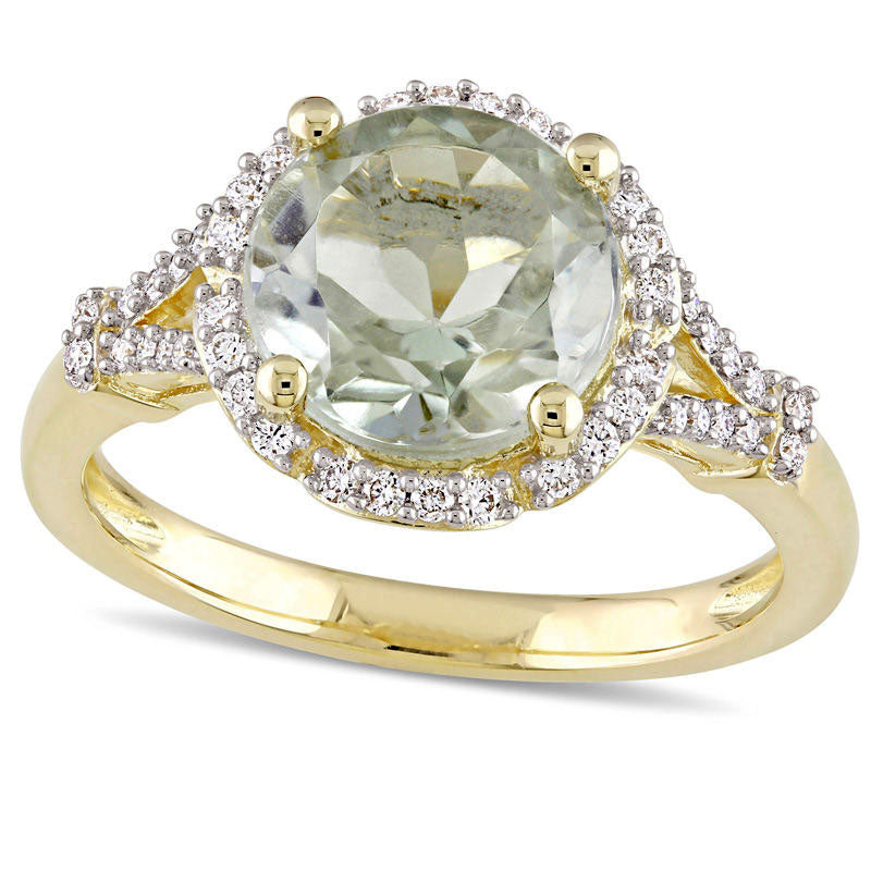 Image of ID 1 90mm Green Quartz and 020 CT TW Natural Diamond Frame Split Shank Ring in Solid 14K Gold