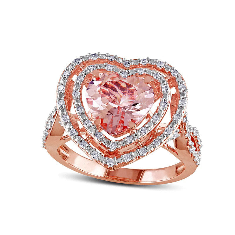Image of ID 1 90mm Heart-Shaped Morganite and 033 CT TW Natural Diamond Double Frame Ring in Solid 10K Rose Gold