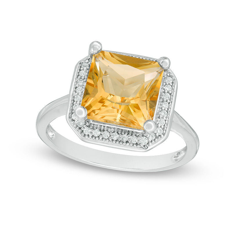 Image of ID 1 90mm Princess-Cut Citrine and 013 CT TW Natural Diamond Frame Antique Vintage-Style Ring in Solid 10K White Gold