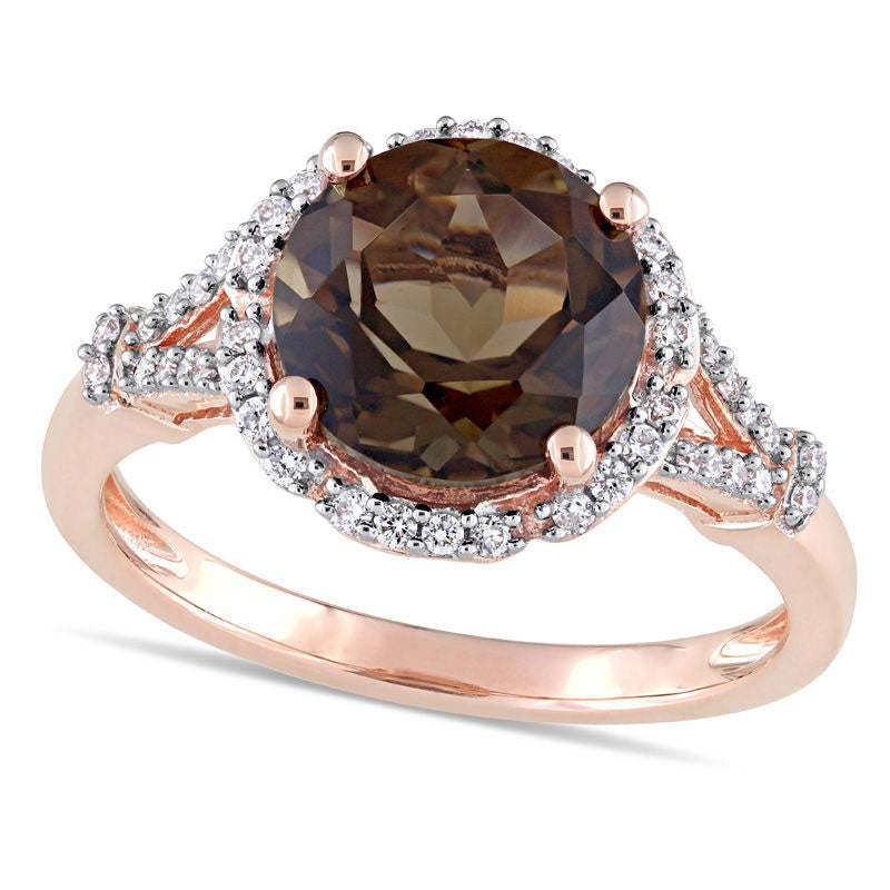 Image of ID 1 90mm Smoky Quartz and 020 CT TW Natural Diamond Frame Split Shank Ring in Solid 14K Rose Gold