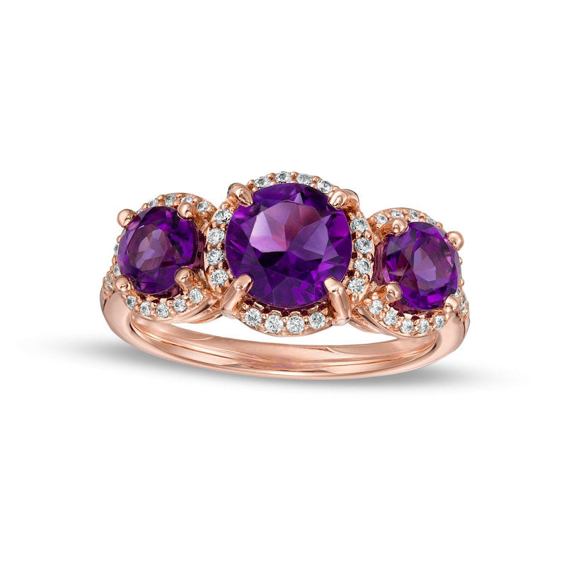 Image of ID 1 Amethyst and 020 CT TW Natural Diamond Frame Three Stone Ring in Solid 14K Rose Gold