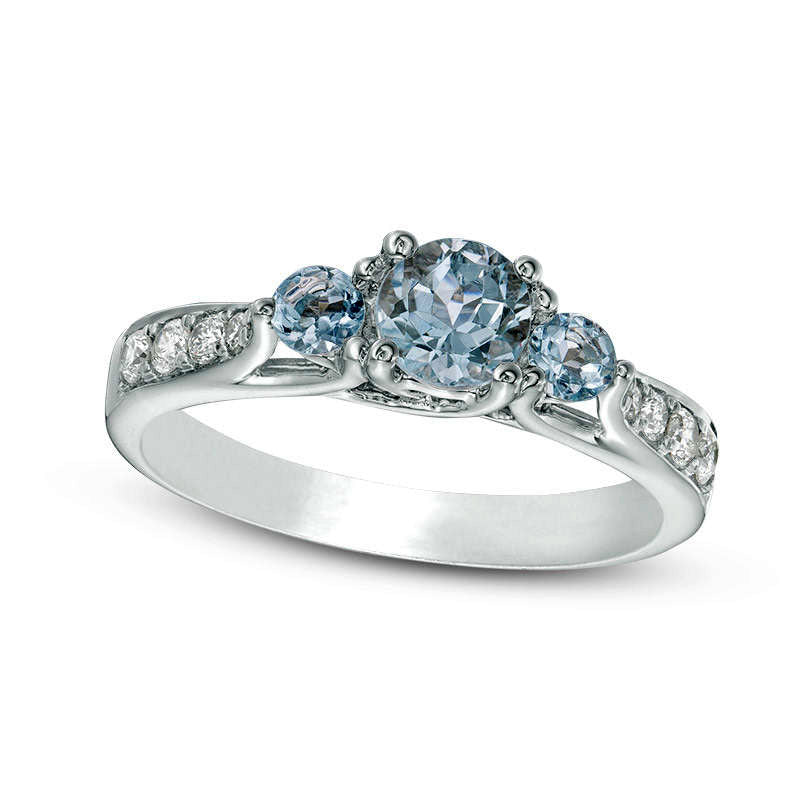 Image of ID 1 Aquamarine and 017 CT TW Natural Diamond Three Stone Ring in Solid 10K White Gold
