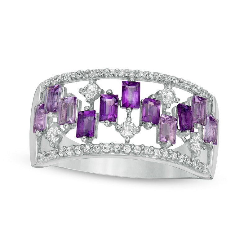 Image of ID 1 Baguette-Cut Amethyst and White Topaz Zig-Zag and 017 CT TW Natural Diamond Open Shank Ring in Solid 10K White Gold