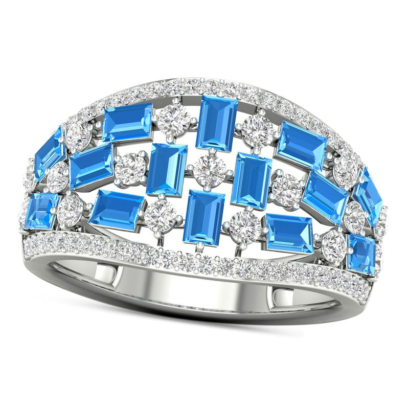 Image of ID 1 Baguette Swiss Blue and White Topaz and 020 CT TW Natural Diamond Edge Quilt Ring in Solid 10K White Gold