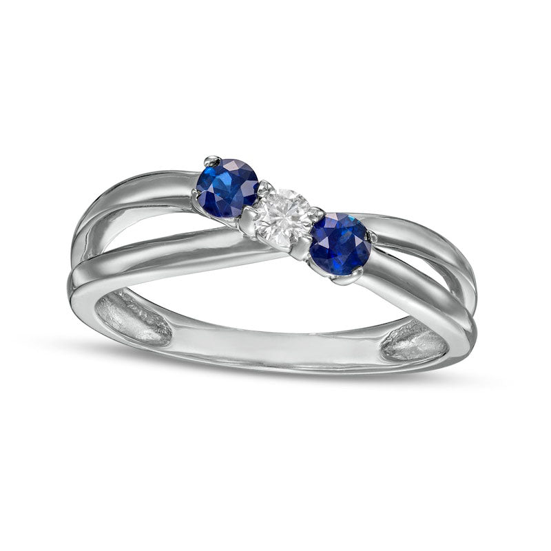 Image of ID 1 Blue Sapphire and 010 CT Natural Diamond Three Stone Bypass Split Shank Ring in Solid 14K White Gold