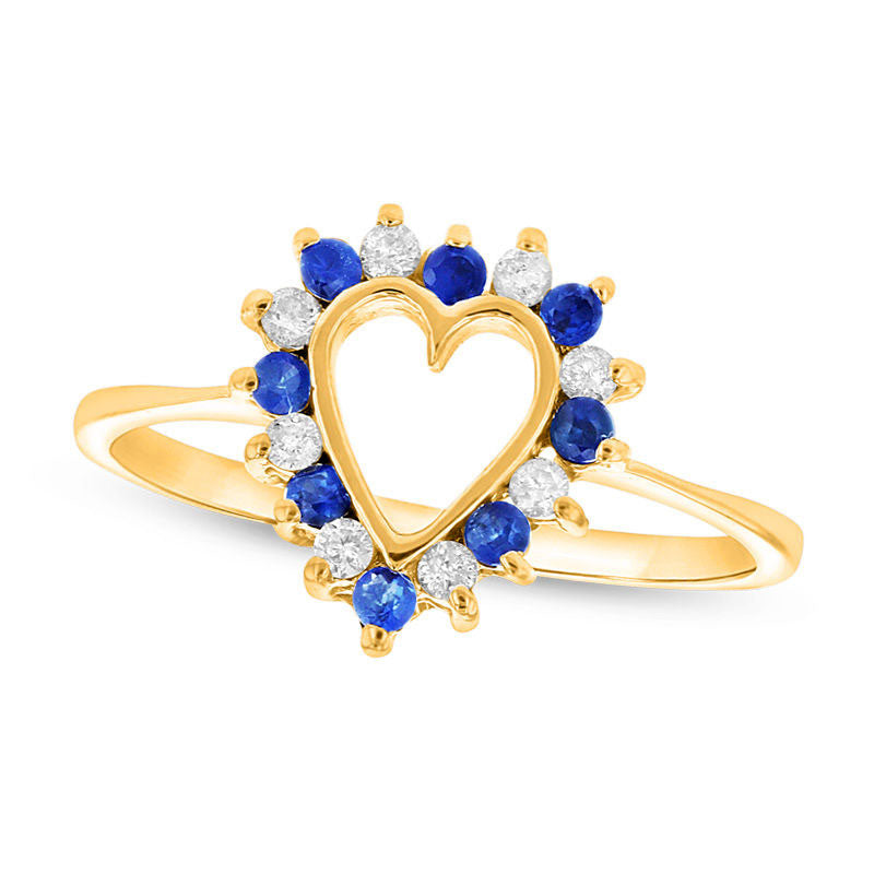 Image of ID 1 Blue Sapphire and 017 CT TW Natural Diamond Heart Outline Ring in Solid 14K Gold