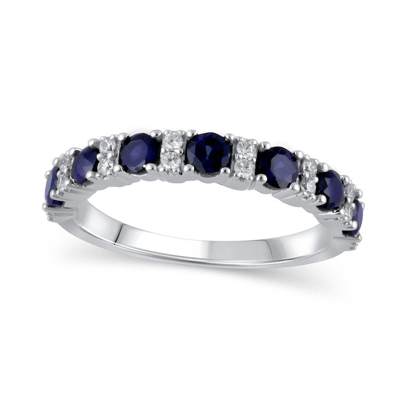 Image of ID 1 Blue Sapphire and 017 CT TW Natural Diamond Stacked Duo Seven Stone Alternating Ring in Solid 10K White Gold