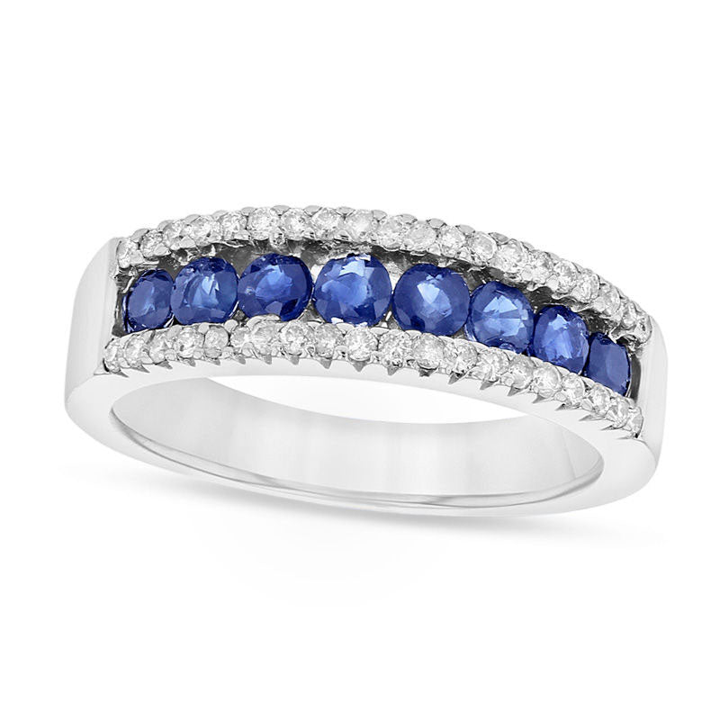 Image of ID 1 Blue Sapphire and 025 CT TW Natural Diamond Band in Solid 14K White Gold