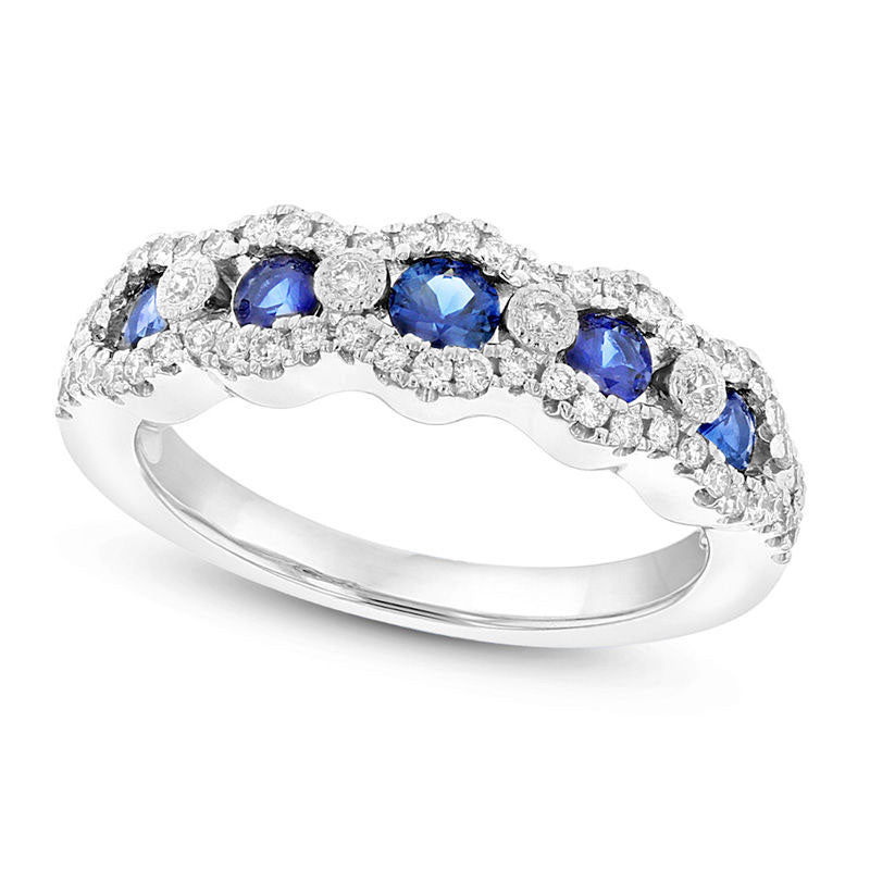 Image of ID 1 Blue Sapphire and 033 CT TW Natural Diamond Edge Five Stone Wavy Band in Solid 14K White Gold