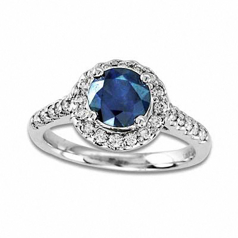 Image of ID 1 Blue Sapphire and 033 CT TW Natural Diamond Frame Engagement Ring in Solid 14K White Gold